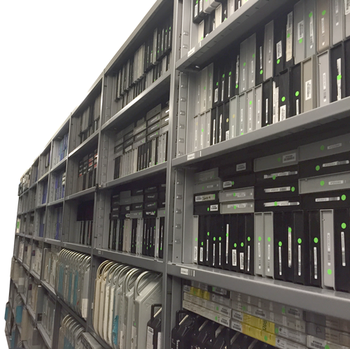 wall of tapes on a shelf